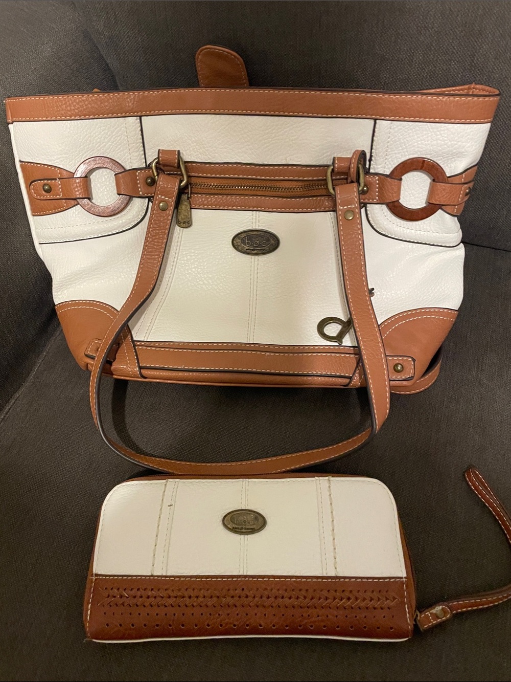 White and Tan Two-Tone Leather Tote with Matching Wallet